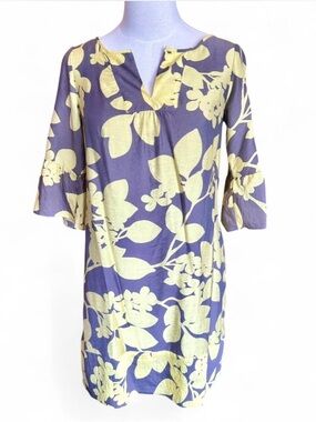 GAP Floral Print Shift Dress 3/4 Sleeves, Scoop Neckline Yellow & Smoke Gray — 2